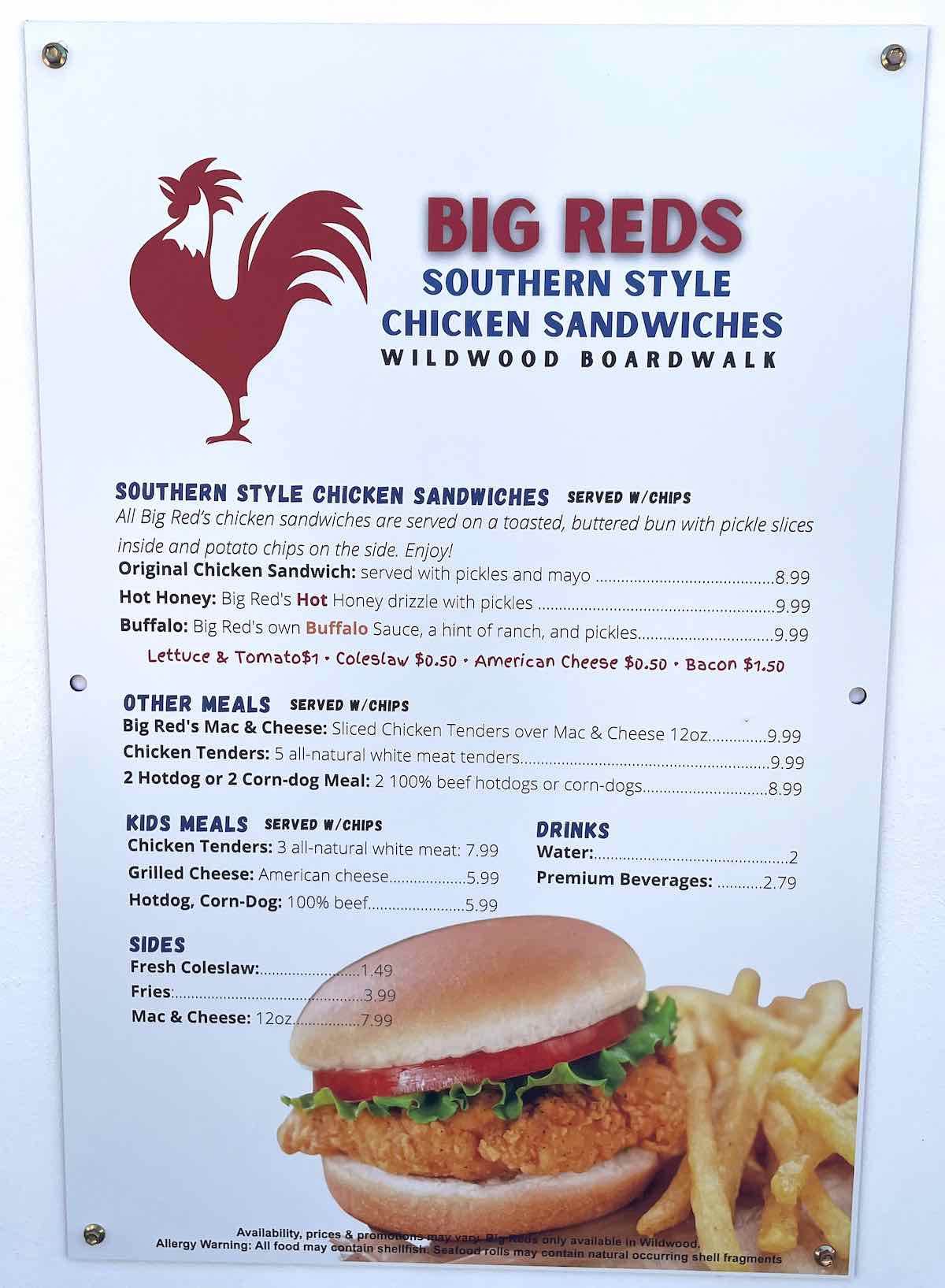 Big Reds Southern Style Chicken Sandwiches Menu on Wildwood Boardwalk