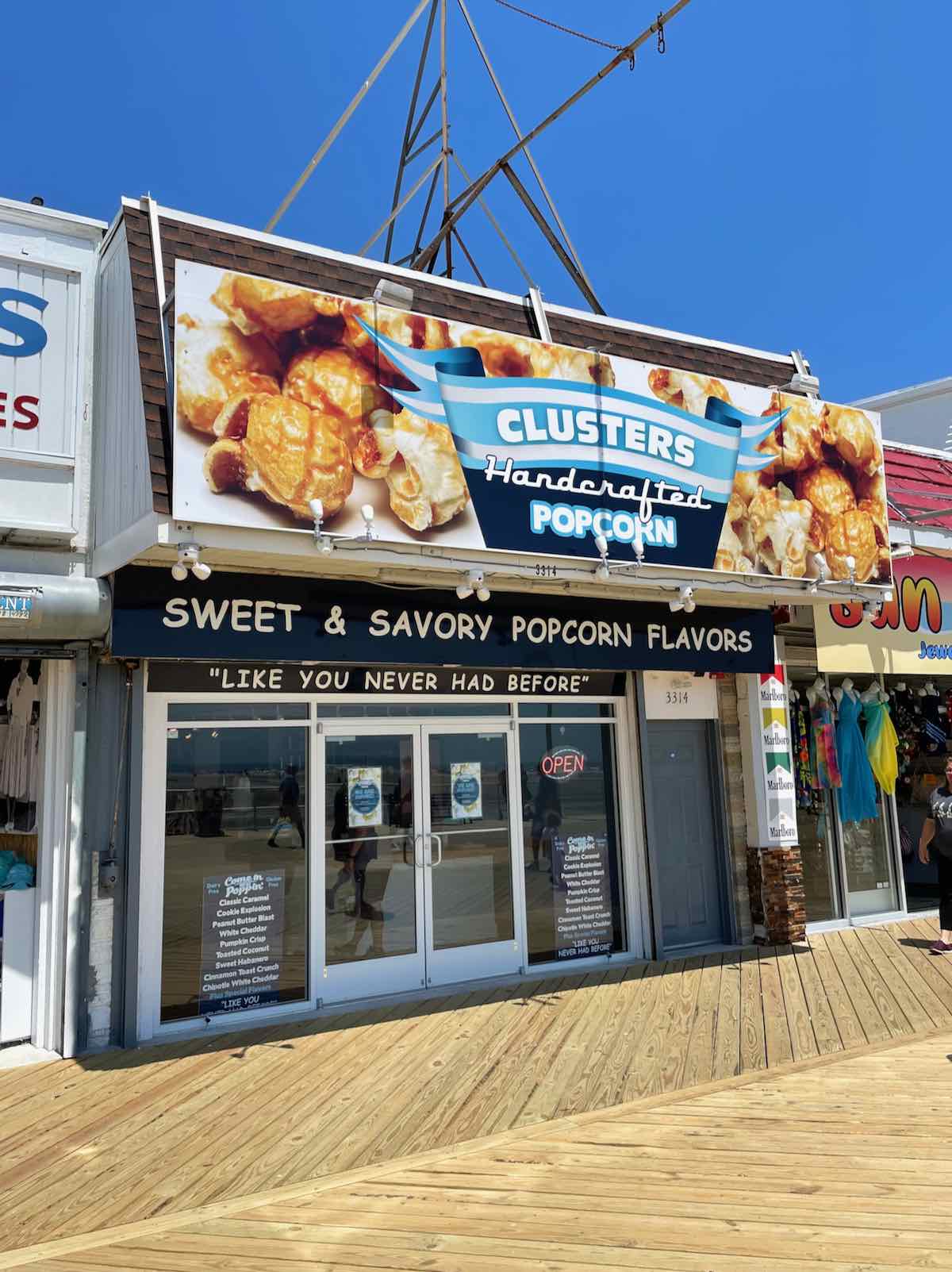 Clusters Handcrafted Popcorn Storefront on the Wildwood Boardwalk