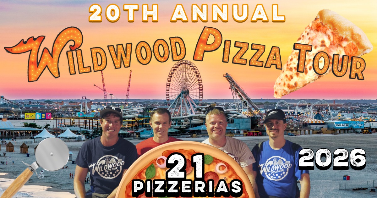 Wildwood Pizza Tour 2026 Header Image depicting boardwalk and 4 pizza tour reviewers
